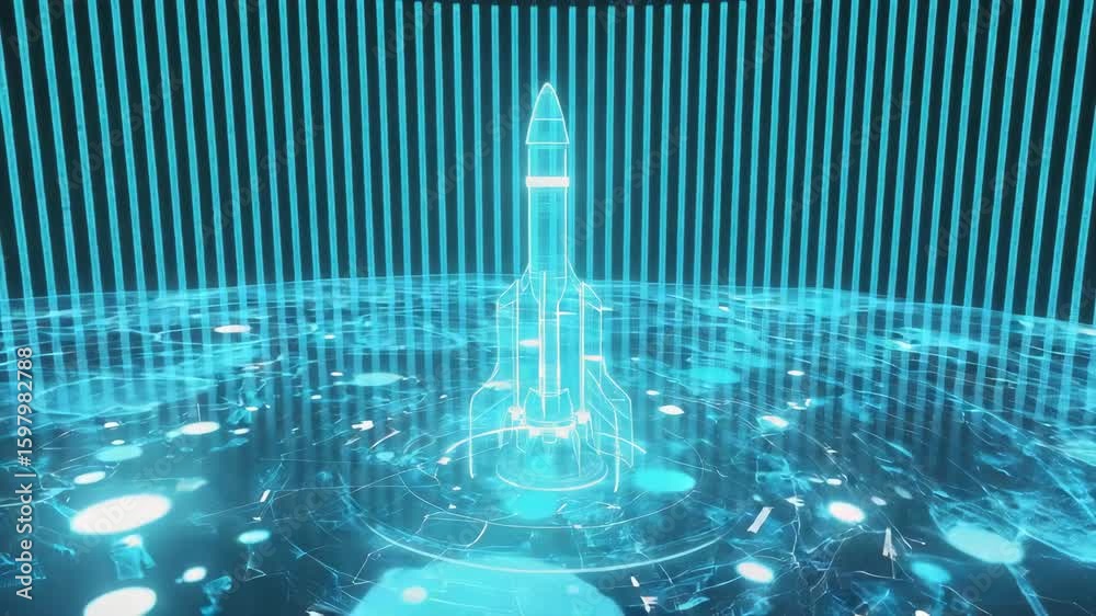 Poster holographic projection of a space rocket launching from a digital platform with data streams and bin