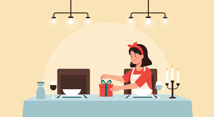 Preparing A Romantic Dinner At Home With Gift Box Surprise For Someone Special