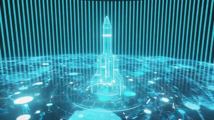 Holographic projection of a space rocket launching from a digital platform with data streams and binary code creating a futuristic technological scene - Powered by Adobe