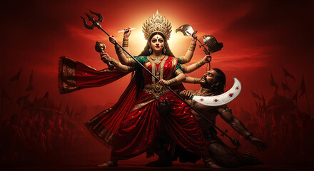 Goddess Durga with weapons defeating demon in red toned scene