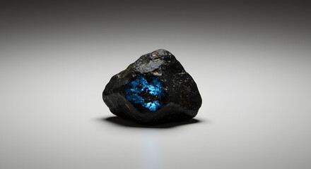 Captivating Still Life: Glowing Geode Rock on Neutral Backdrop, Intriguing Close-up of a Dark Rock with Luminous Blue Interior