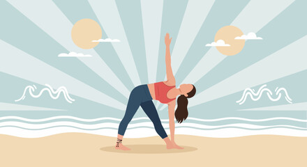 Fototapeta premium Woman Practicing Triangle Pose Yoga At The Beach Relaxing Tropical Vacation