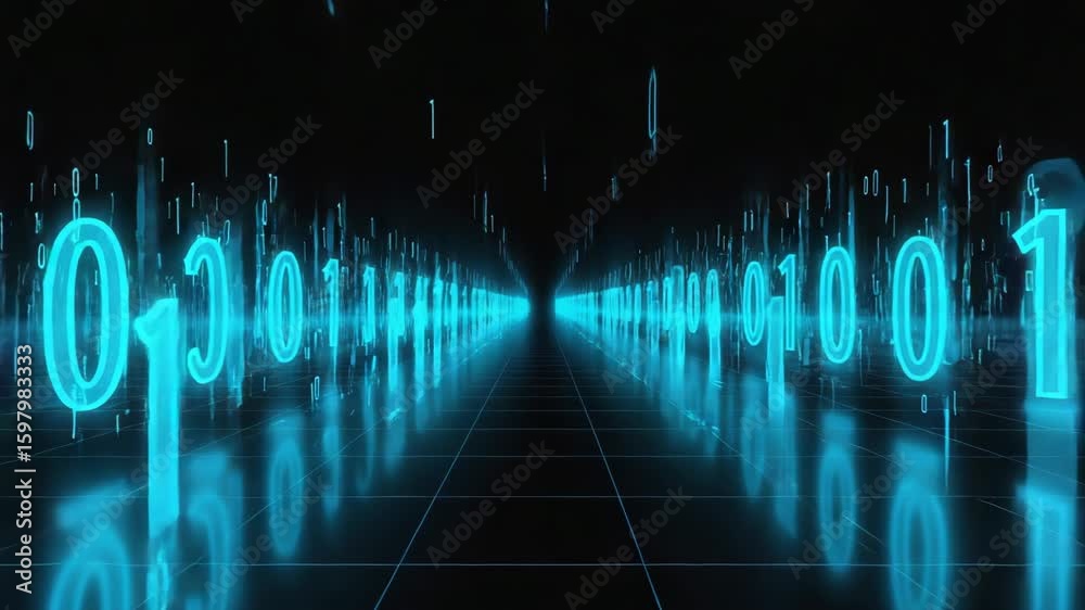 Poster glowing blue binary numbers form a futuristic corridor, creating a technological path in a dark cybe