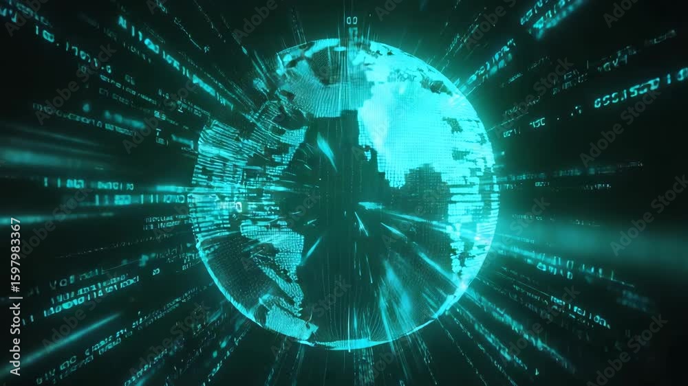 Poster futuristic digital data streams are flowing around a rotating planet earth, creating a mesmerizing v