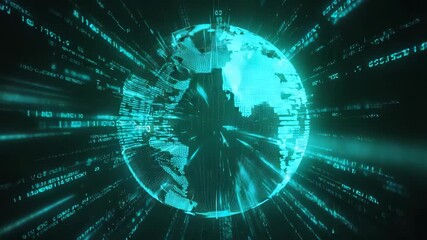 Futuristic digital data streams are flowing around a rotating planet earth, creating a mesmerizing visualization of global communication and information exchange - Powered by Adobe
