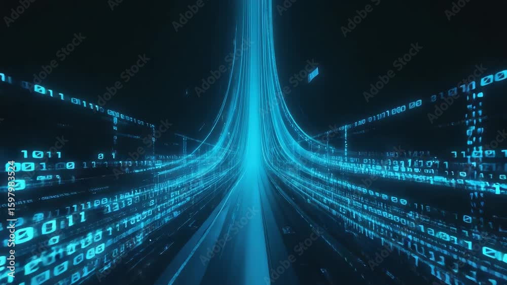 Poster converging streams of binary code flow into a radiant center, crafting a striking visualization of f
