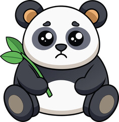 Obraz premium Adorable Sad Panda Cartoon Holding Green Bamboo Branch Illustration
