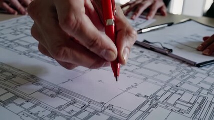 Architect adjusts technical drawing on blueprint. Engineering design team works sketch details. Blueprint marks guide construction planning. Drawing reviewed by architect group during project phase - Powered by Adobe