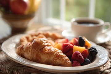 Delicious breakfast scene featu golden croissants fresh fruit berries and a hot cup of coffee on a white plate in a bright sunny kitchen setting