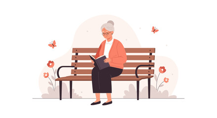Senior Woman Enjoys Reading a Book On A Bench In The Park Illustration