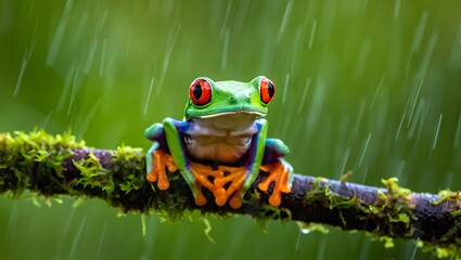 Red eyed tree frog on branch in the rain wallpaper amphibian animal rainforest costa rica
