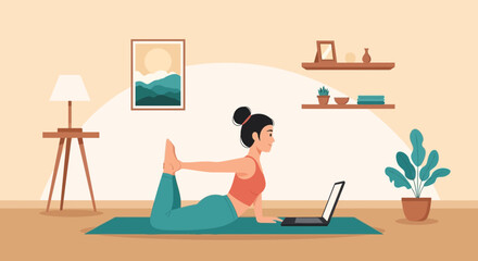 Fototapeta premium Woman Practicing Yoga At Home Using Laptop For Instruction And Inspiration