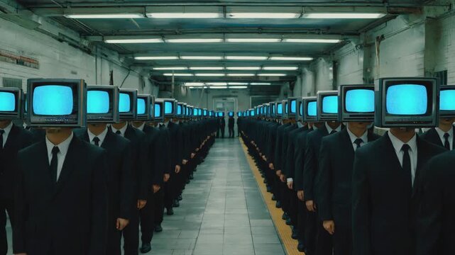 Many businessmen wearing dark suits and ties are standing in two lines in a corridor with old televisions instead of heads, all showing the same blue screen
