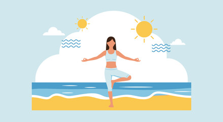 Serene Beachside Yoga Morning Sunlight Harmonious Balance Well Being Retreat