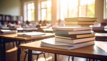 A stack of neatly organized student assignments or academic reports placed on a classroom desk. The documents are spiral-bound and appear to be formal coursework, dissertations, or reports, indicating