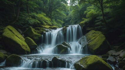 A serene waterfall flowing over moss-covered rocks in a lush green forest setting.
