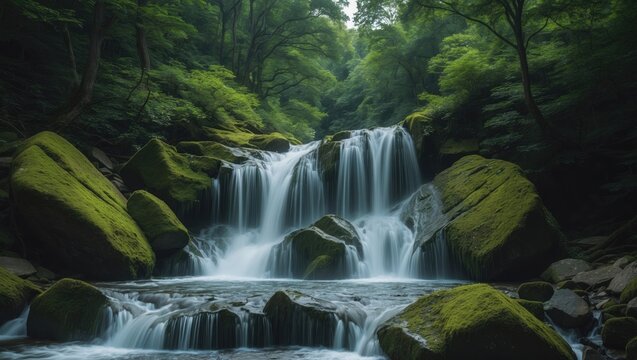 A serene waterfall flowing over moss-covered rocks in a lush green forest setting.