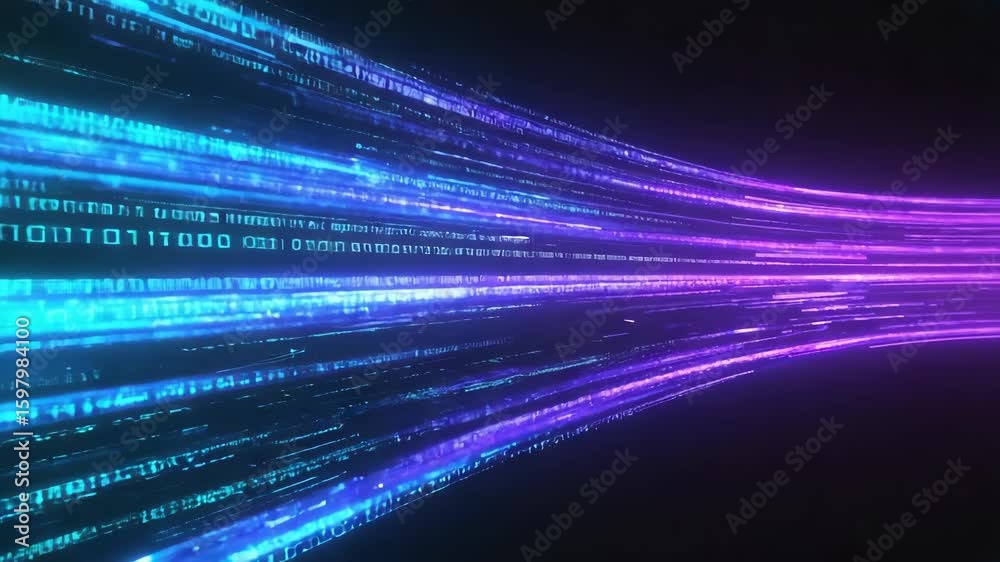 Poster flowing binary code streams on a dark background create a futuristic concept with vibrant purple and