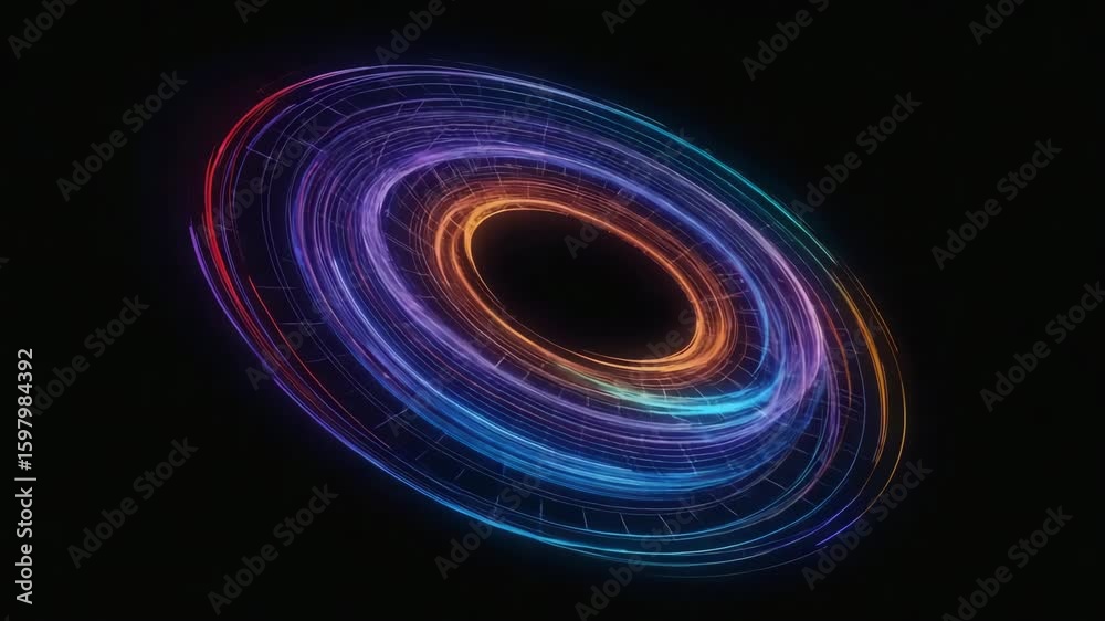 Poster bright swirling neon light trails create colorful circles rotating against a deep black background, 