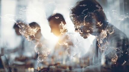 business goal growth scalability. Blurry silhouettes of people working with a world map overlay in a modern office setting.