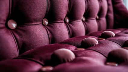 Obraz premium Close-up of a plush, button-tufted, purple velvet sofa with upholstered cushions.