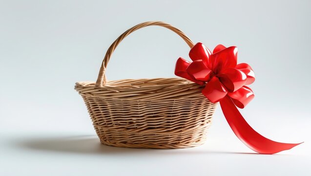 Empty basket with a large red ribbon and bow, suitable for gift or decoration.