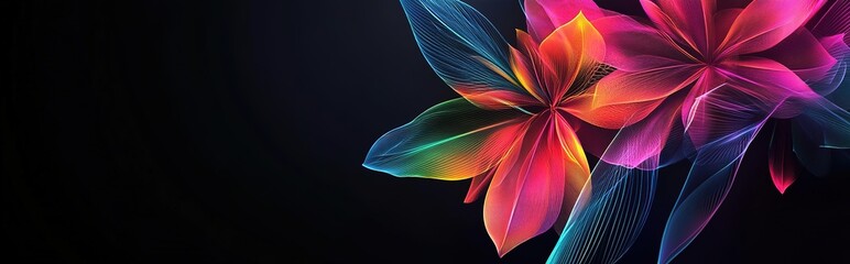 Black background, colorful lines and fluorescent colors, vector illustration style, colorful lines and feathers, fantasy floral design art, glowing flowers, high contrast.