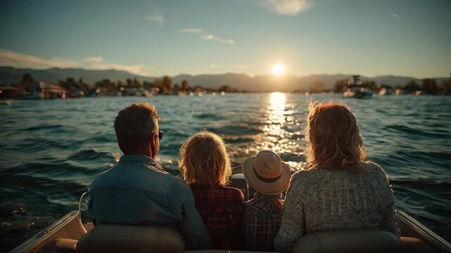 A family of four observes the beautiful sunset while sitting on a boat. The serene lake reflects warm colors as the sun dips below the horizon, surrounded by mountains.