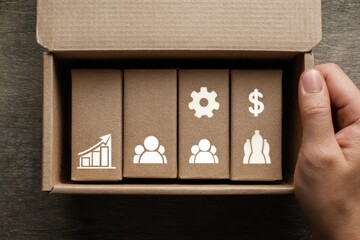 business goal growth scalability. Hand holding a box containing icons representing business concepts.