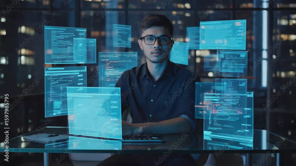 Poster software developer is using a futuristic transparent laptop and keyboard, interacting with virtual s