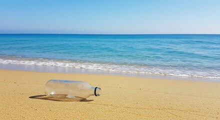 Obraz premium Plastic bottle environmental pollution on sandy beach seashore