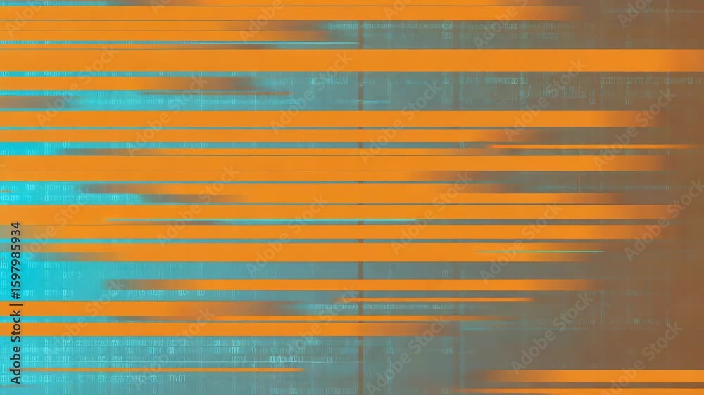 Poster flowing orange digital lines intertwine with a vibrant turquoise binary code background, forming a c