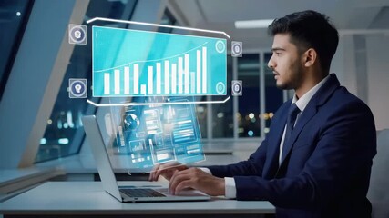 Businessman working on a laptop with holographic futuristic augmented reality business data and charts analyzing financial strategy in a modern office at night - Powered by Adobe