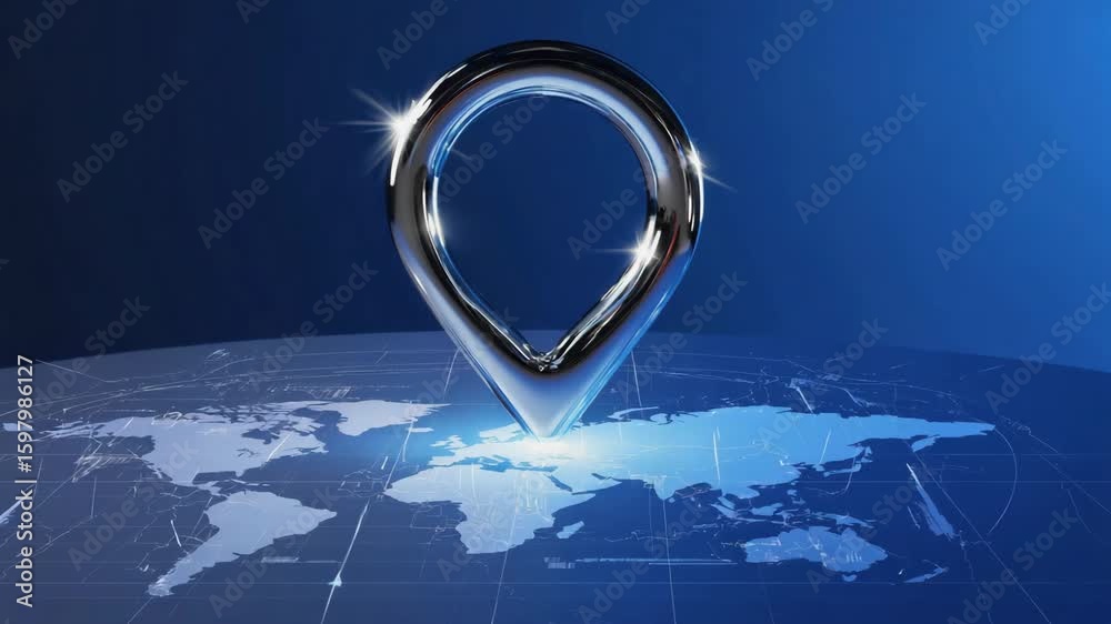Poster shiny metallic location pin highlighting europe on a blue digital world map filled with data, symbol
