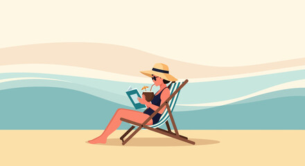 Fototapeta premium Serene Vacation Woman Reading Book And Drinking Coconut Water On Beach