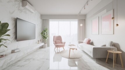 Fototapeta premium Modern, minimalist living room with a touch of blush pink