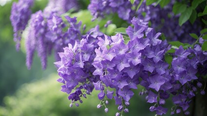 Obraz premium Purple flowers, likely wisteria, blooming outdoors with green foliage in the background.
