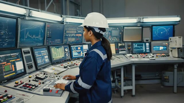 Industrial engineer wearing a hardhat and uniform operating machinery in a power plant control room, managing processes with advanced computers and control panels