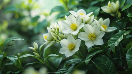 Obraz premium White flowers with yellow centers surrounded by green leaves.