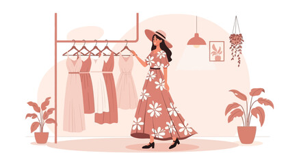 Woman Choosing Summer Dress With Floral Design At Fashion Boutique Store