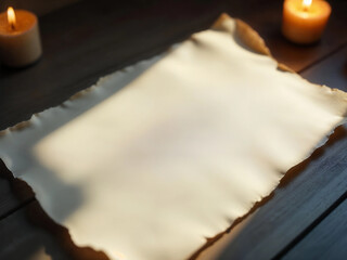 A lit candle next to old parchment, perfect for writing or adding your custom message.