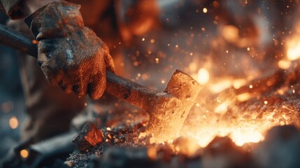 Glowing embers illuminate a blacksmith's gloved hands as they powerfully swing a sledgehammer, striking hot metal amidst a small, open furnace, sparks flying in the intense heat