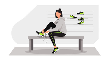 Woman Preparing For A Workout In A Gym Tying Her Athletic Shoes On A Bench