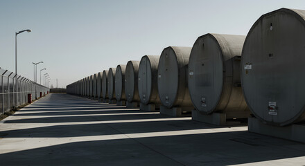 Row of Industrial Storage Tanks: Geometric Shadows and Modern Architecture, Industrial Landscape: Storage Tanks Aligned Against Clear Sky, Forming Repeating Pattern