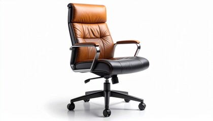 A high-back brown leather office chair with black accents, ergonomic padding, and a five-wheel base—designed for modern workspaces with comfort and mobility in mind