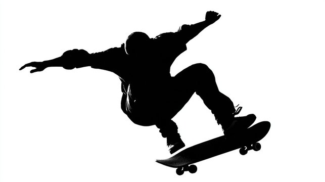 Skater's silhouette in mid-air performing a trick on a skateboard against white backdrop