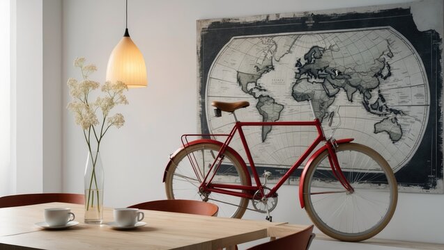 A red bicycle in front of a world map wall art, with a table and hanging lamp in a modern interior space.