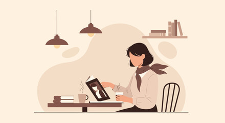 Fototapeta premium Woman Reading A Book With Coffee At Home Or In A Cafe In Flat Design