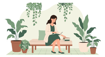 Woman Reading a Book Surrounded by Potted Plants in Cozy Indoor Garden