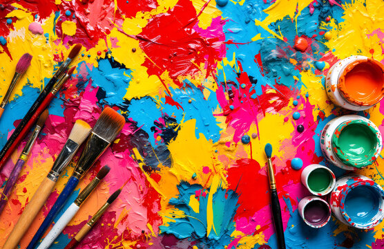 Colorful paint splatters with brushes and paint jars on a vibrant yellow pink and blue background